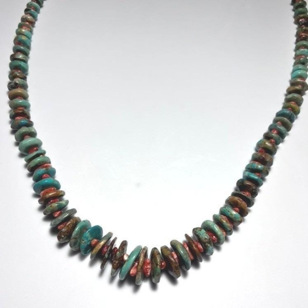 Southwestern Turquoise‎ and Red Coral Heishi Bead Necklace Sterling Silver Clasp